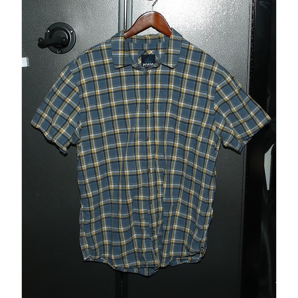 Prana Shirt Mens XL Button Up S/S Plaid Double Pocket, Blue, 100% Cotton